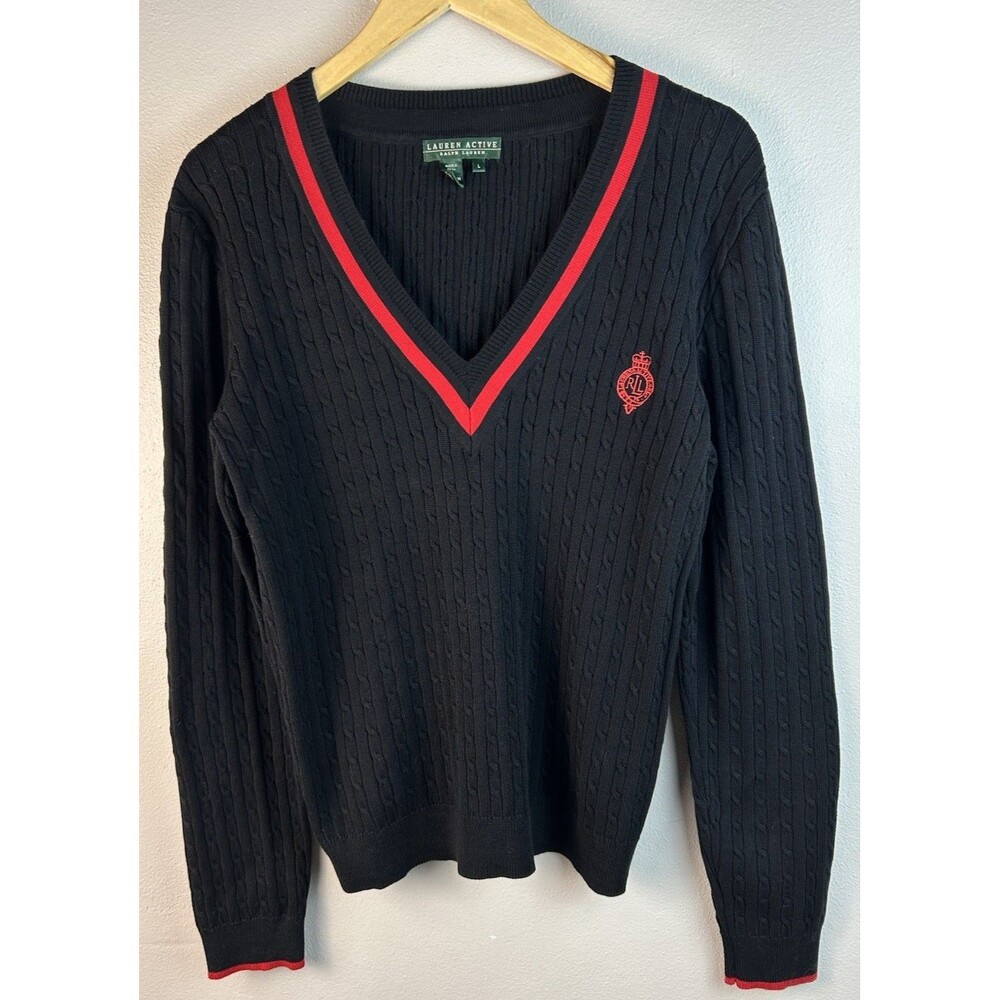 Vtg Ralph Lauren Black & Red Cable Knit Crown Crest Cotton V Neck Sweater L Y2k
